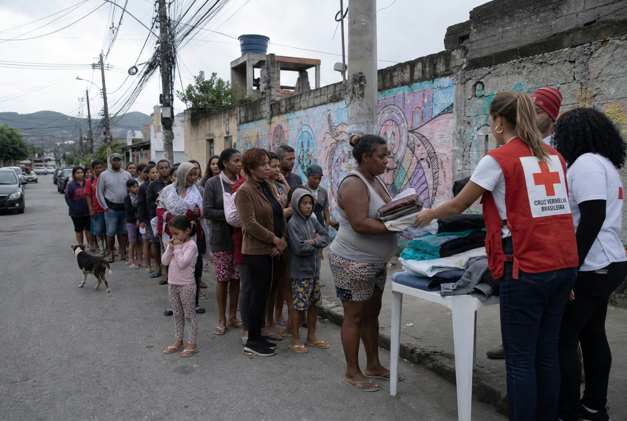 Comunidade recebendo doações de agasalhos da Cruz Vermelha Brasileira Rio de Janeiro