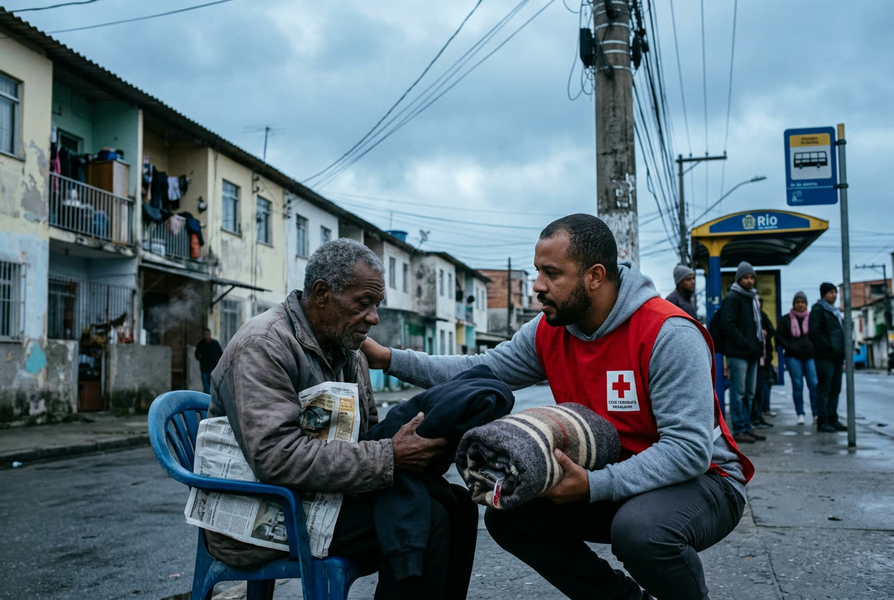 Voluntário da Cruz Vermelha Brasileira em ação de doação de agasalhos em bairro popular do Rio de Janeiro