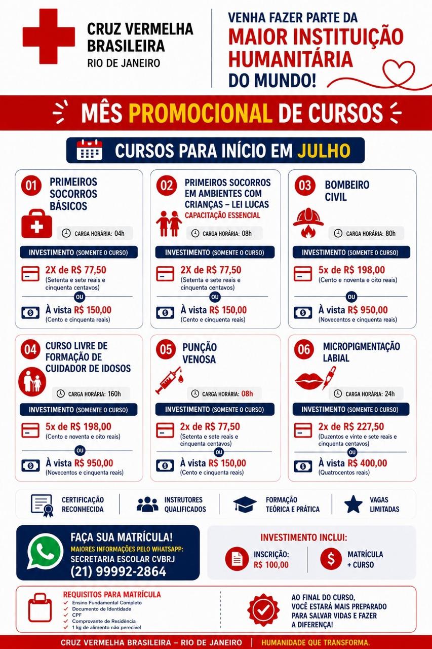 Cartaz promocional de cursos da Cruz Vermelha Brasileira Rio de Janeiro