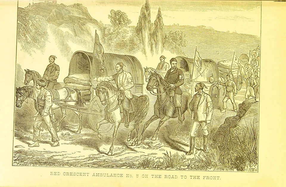 Ambulância nº 5 do Crescente Vermelho a caminho do front na Guerra Russo-Turca, em gravura de 1885