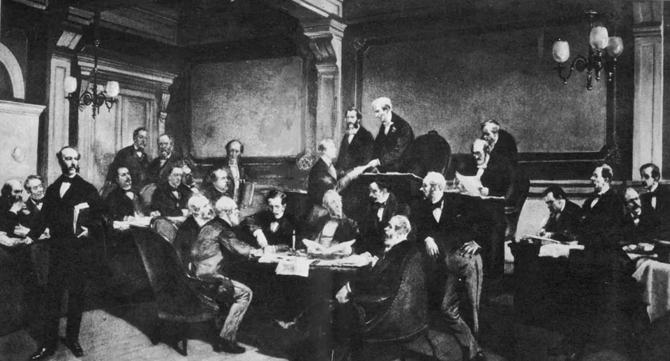 Assinatura da Primeira Convenção de Genebra, 1864, em pintura de Armand-Dumaresq: delegados de casaca reunidos em volta de uma mesa