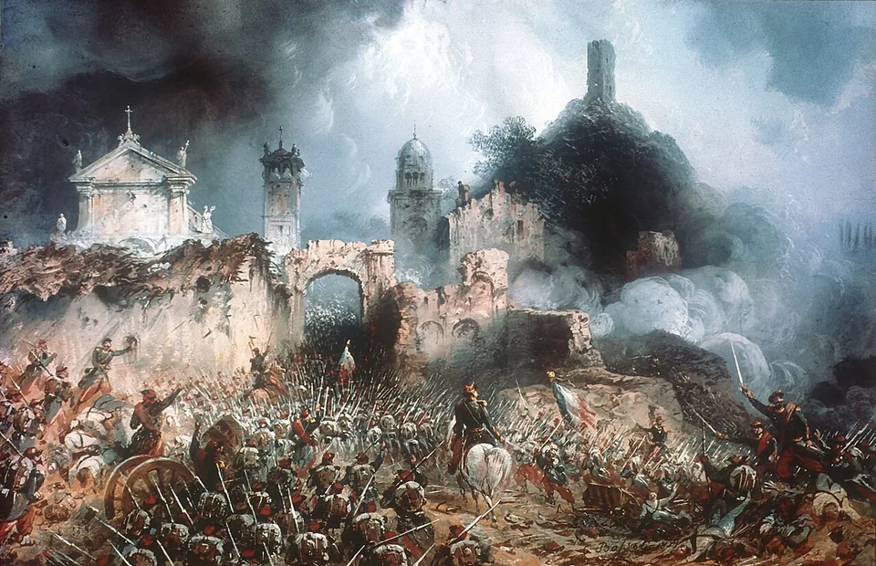 Batalha de Solferino, 1859, em pintura de Carlo Bossoli: soldados avançam entre fumaça diante das ruínas e das torres de uma vila