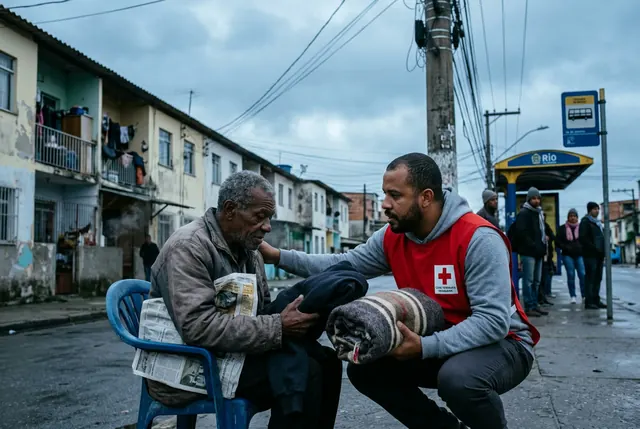 Voluntário entregando agasalho a morador de comunidade