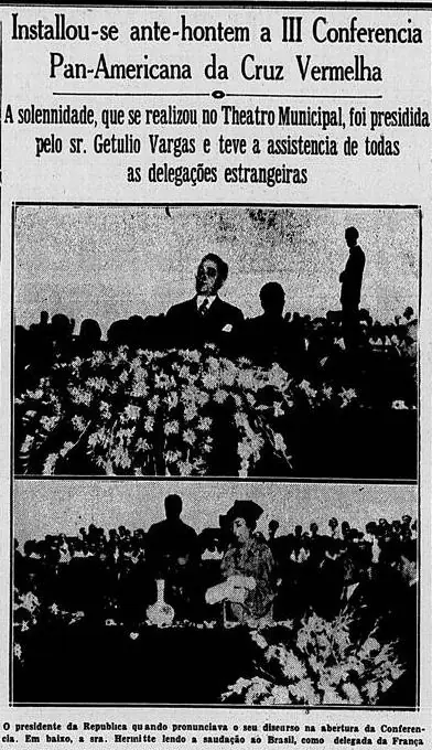Recorte de jornal de 1935 com fotografias da sessão de instalação da III Conferência Pan-Americana da Cruz Vermelha, no Theatro Municipal