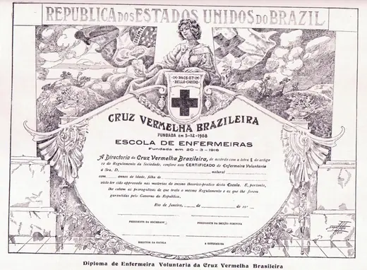 Diploma de Enfermeira Voluntária da Cruz Vermelha Brasileira, com moldura ornamentada, a cruz vermelha e o nome da Escola de Enfermeiras
