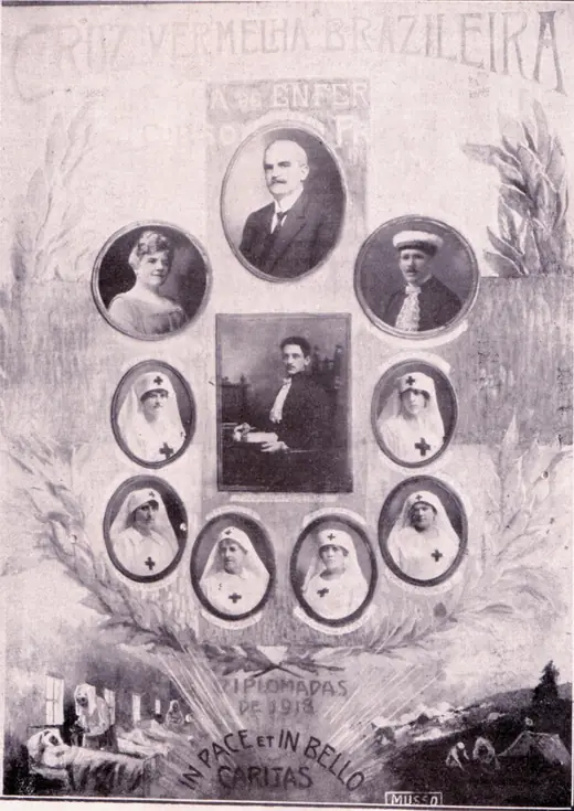 Panel of portrait medallions, the motto In pace et in bello caritas, and hospital and field scenes