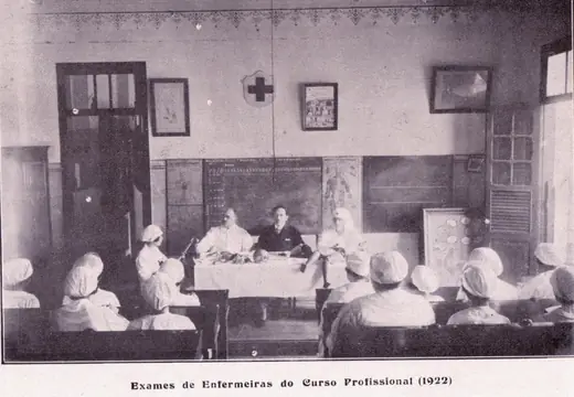 Sala de exame com alunas de uniforme branco sentadas de costas e a banca examinadora à mesa, sob uma cruz vermelha na parede
