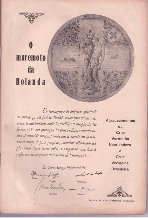 Página da Revista da Cruz Vermelha Brasileira com o título O maremoto da Holanda e o agradecimento assinado pela Cruz Vermelha Neerlandesa