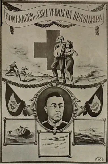 Illustrated panel with a large red cross, a portrait at the centre, tanks and ships