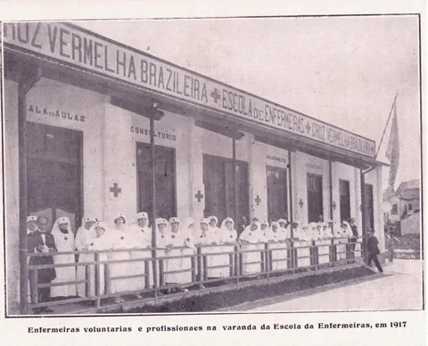 Nurses in white uniforms and veils lined up on the School of Nurses veranda, under the sign bearing the institution's name