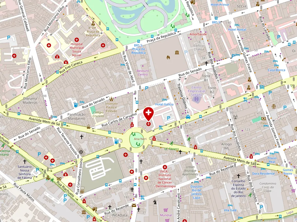 Mapa do Centro do Rio com a sede da Cruz Vermelha marcada na Praça da Cruz Vermelha, 10, perto da Avenida Mem de Sá