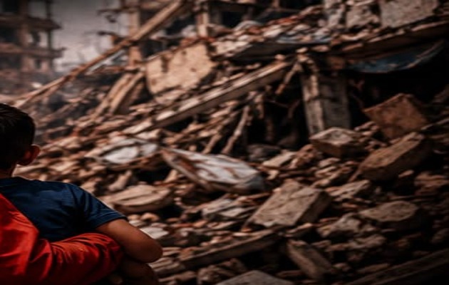 Cenário de destruição e escombros após terremoto