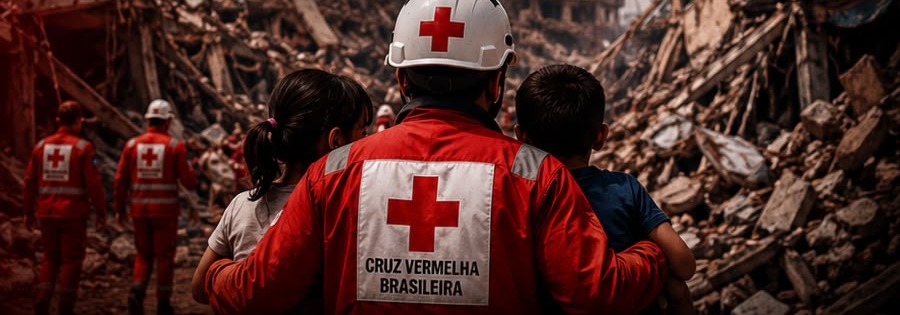 Equipe humanitária em área de escombros após terremoto