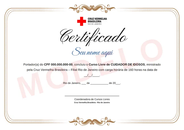 Modelo do certificado do curso de Cuidador de Idosos (Curso Livre) da Cruz Vermelha Brasileira Rio de Janeiro, com o nome do aluno, o curso e a carga horária
