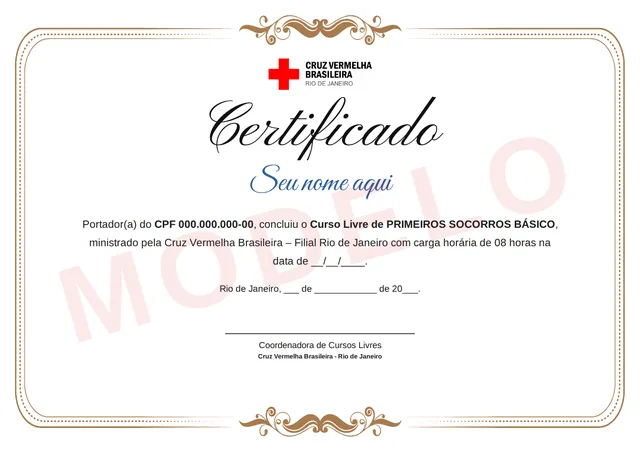 Modelo do certificado do curso de Primeiros Socorros Básico da Cruz Vermelha Brasileira Rio de Janeiro, com o nome do aluno, o curso e a carga horária