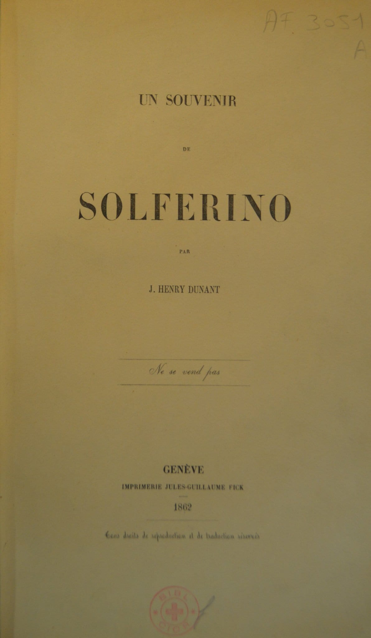 Capa da primeira edição de Un Souvenir de Solférino, de Henry Dunant, publicada em Genebra em 1862