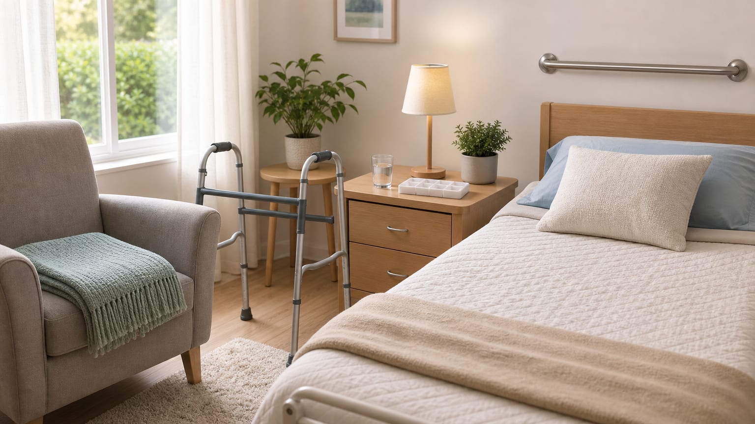 Quarto adaptado com poltrona, andador, barra de apoio e organizador de remédios