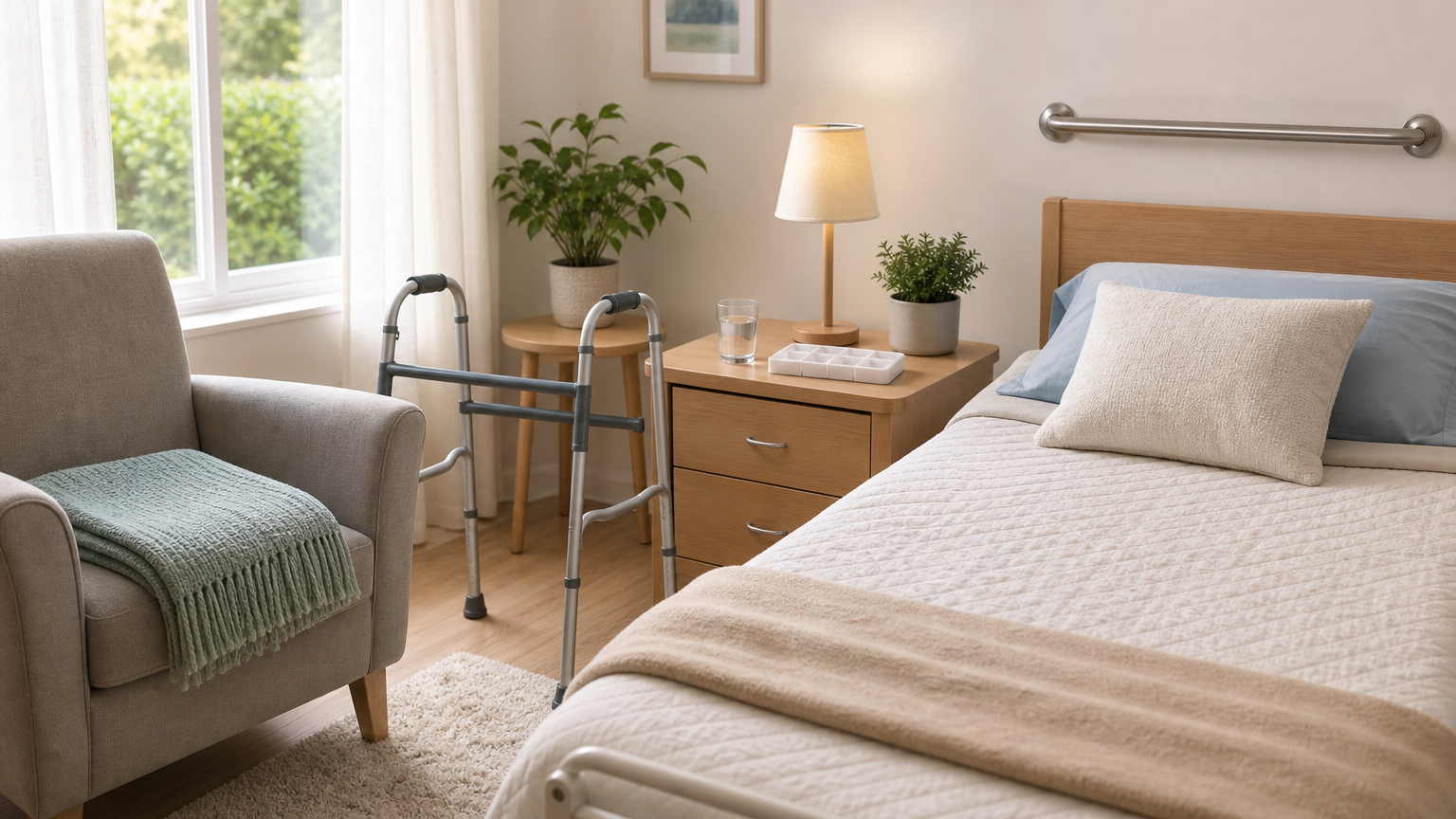 Quarto adaptado com poltrona, andador, barra de apoio e organizador de remédios