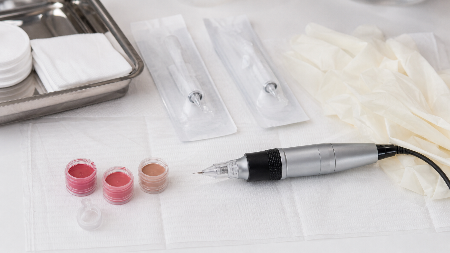Bancada de micropigmentação com dermógrafo, pigmentos e materiais descartáveis