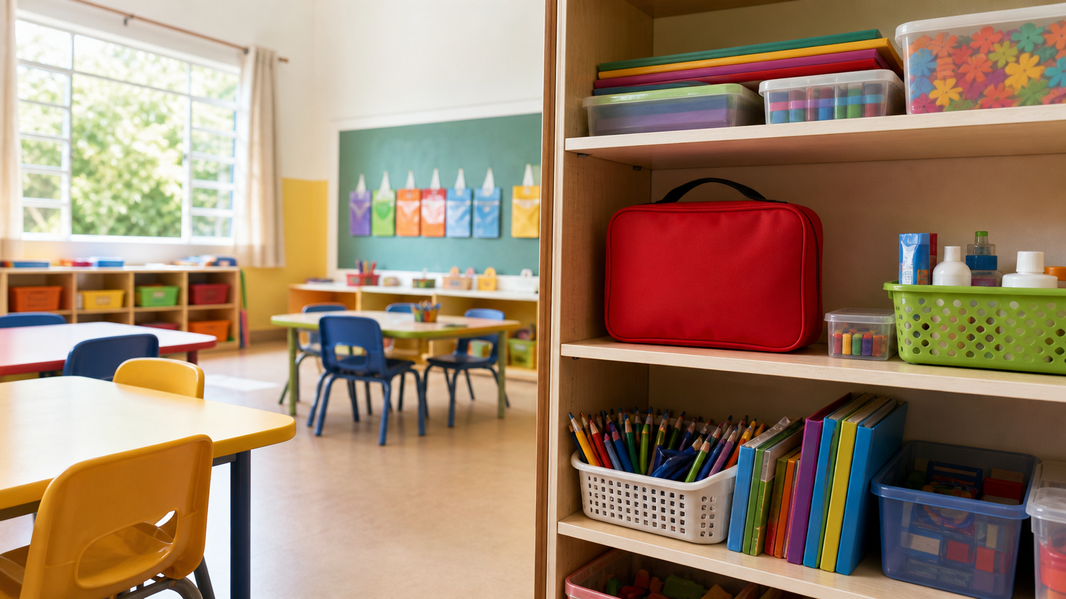 Sala de aula infantil vazia com um estojo de primeiros socorros na prateleira