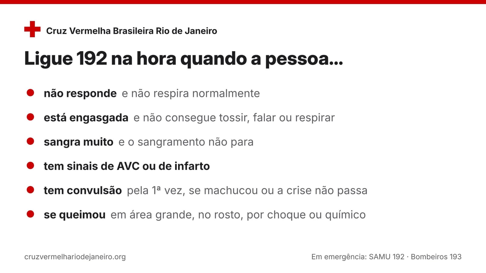 Quando ligar para o 192 na hora: a pessoa não responde, está engasgada, sangra muito, tem sinais de AVC ou de infarto, tem convulsão ou se queimou gravemente