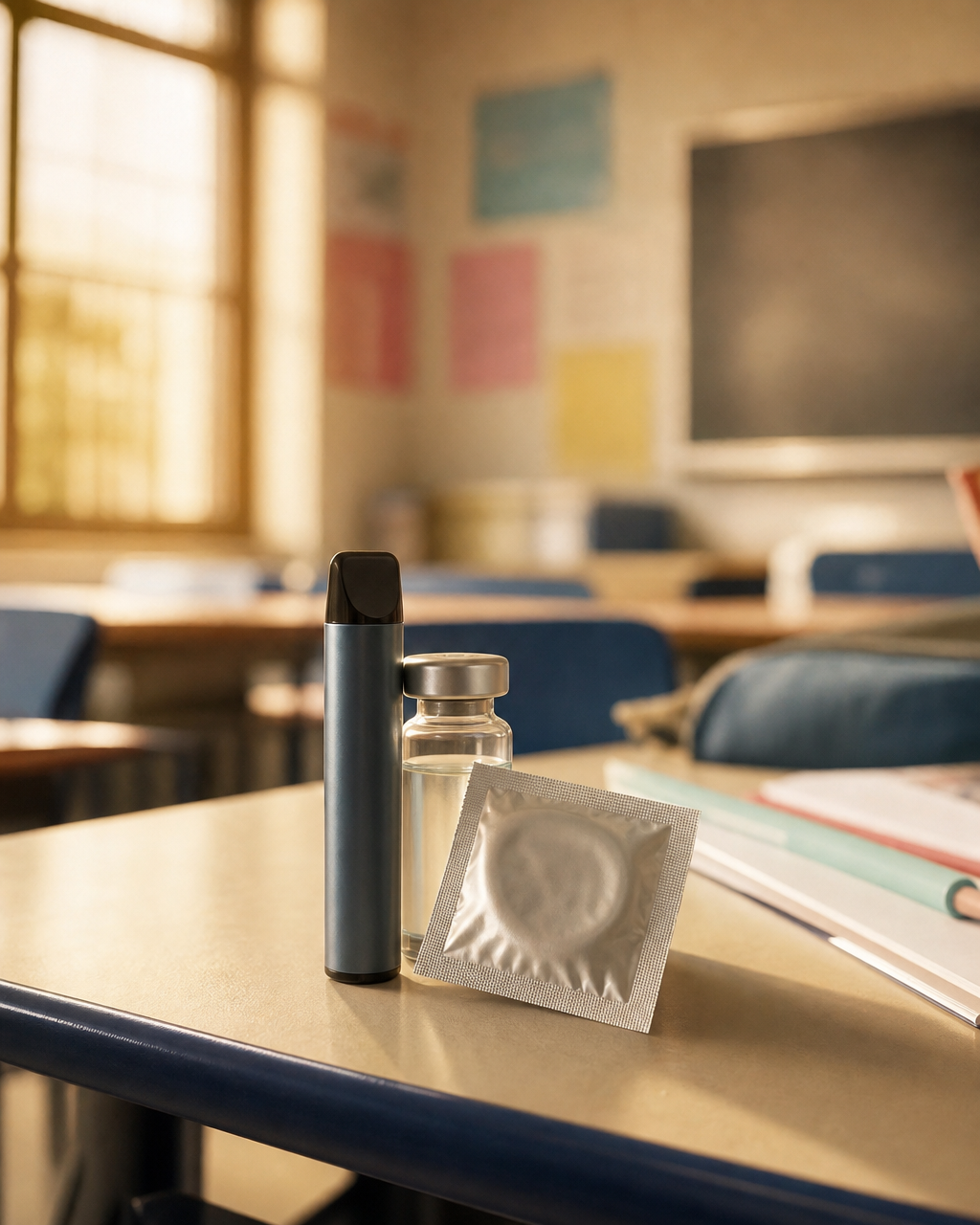 Cigarro eletrônico, frasco de vacina e preservativo sobre carteira escolar: os três temas do quiz aplicado aos estudantes.